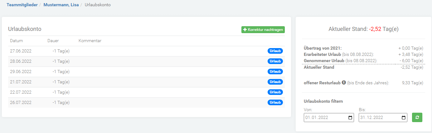 Urlaubskonto Urlaubskontoübersicht